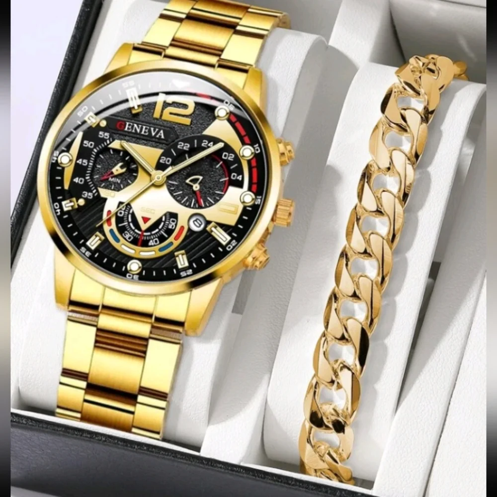NEW MENS QUARTZ LARGE  FACED TRIPLE DIAL GOLD WATCH AND BRACELET SET
